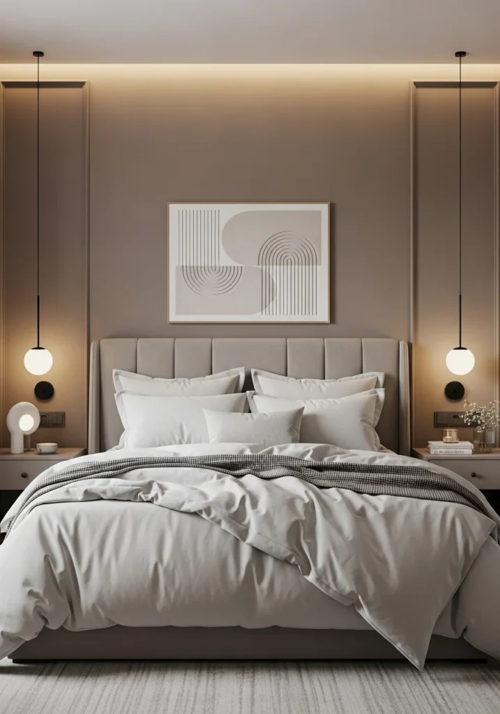 Taupe accent wall bedroom creating a stylish and cozy focal point behind the bed