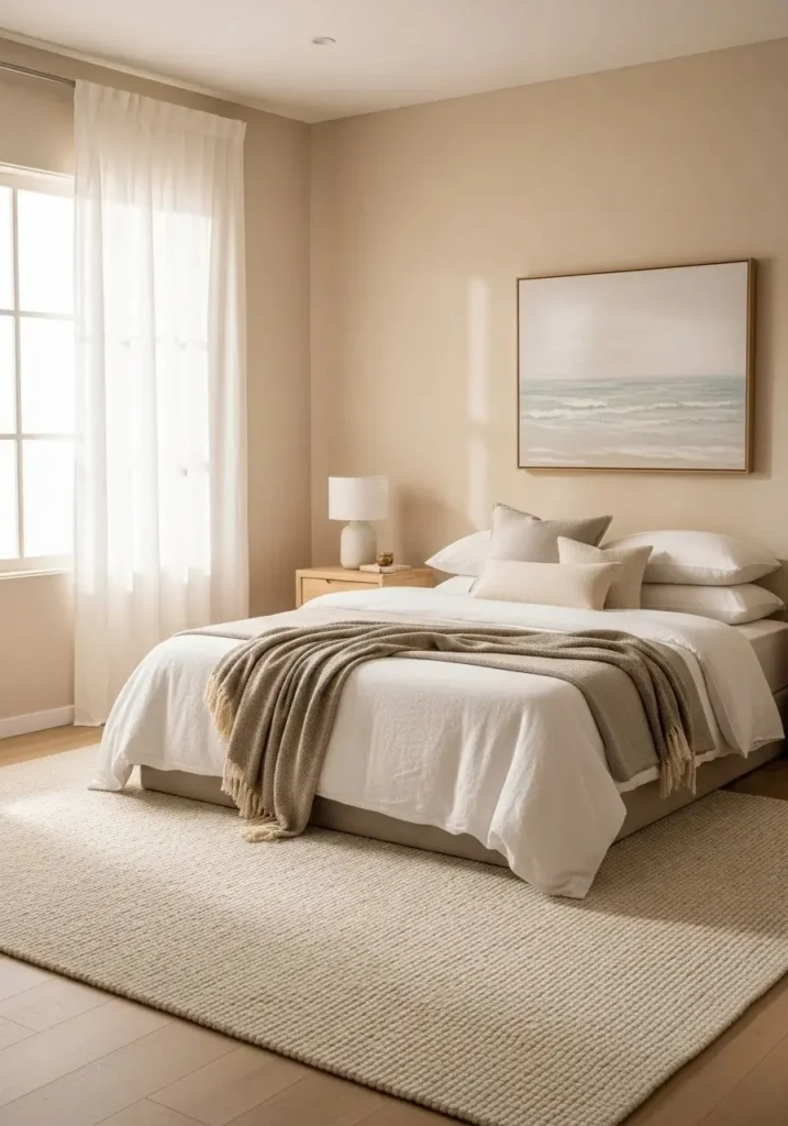 Light rug in beach bedroom adding softness and brightness to the space.