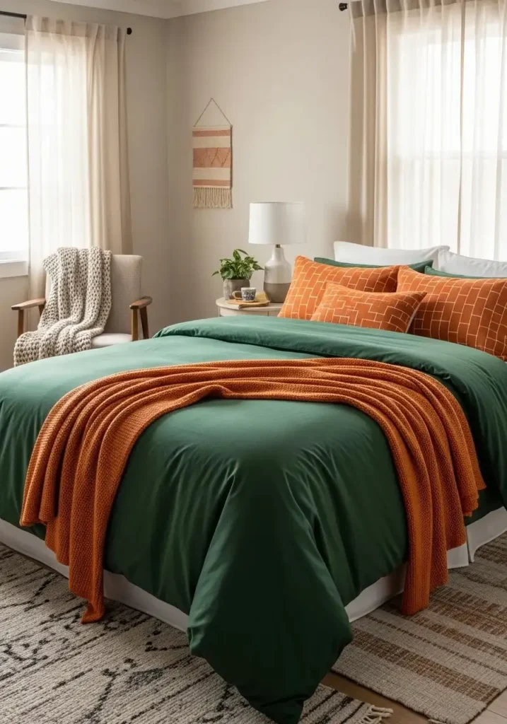 Bedroom featuring forest green and orange patterned bedding on a neutral backdrop, creating depth and warmth.