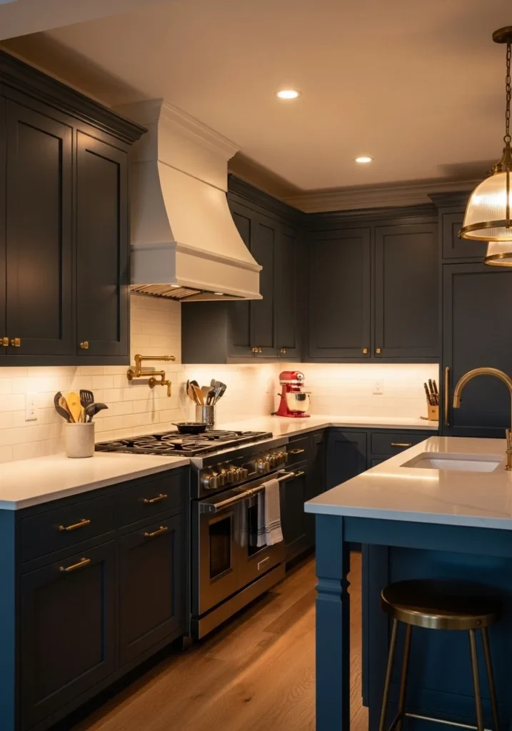 navy blue kitchen cabinets with brass hardware and warm lighting for a rich elegant look