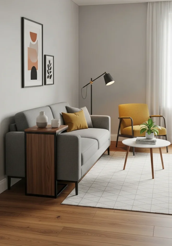 C-shaped side table used in small living room for space-saving function.