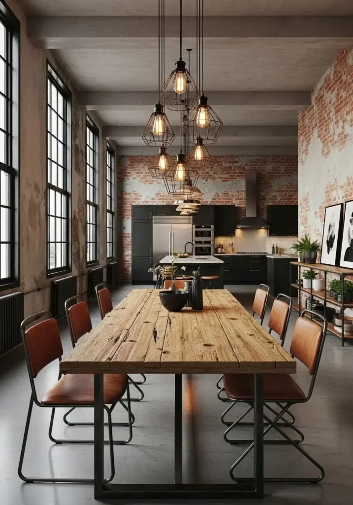 Dining room with industrial lighting adding modern edgy character