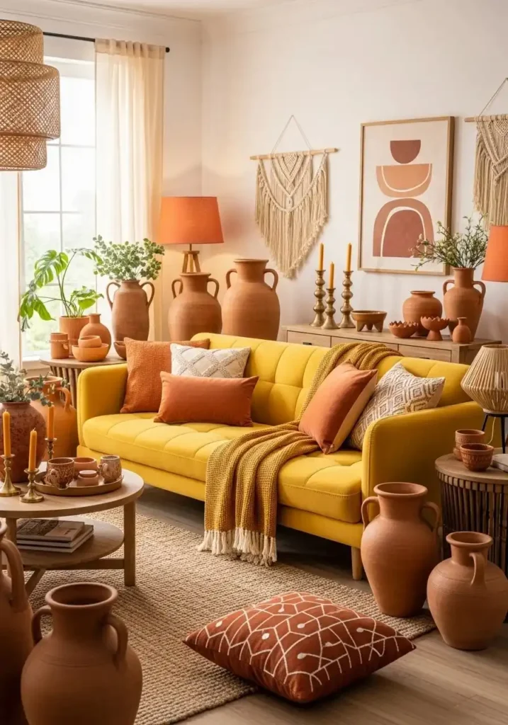Yellow couch living room with earthy terracotta and warm rustic boho decor style