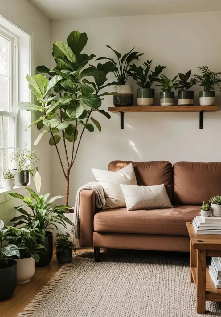 brown couch living room with indoor plants and natural greenery decor