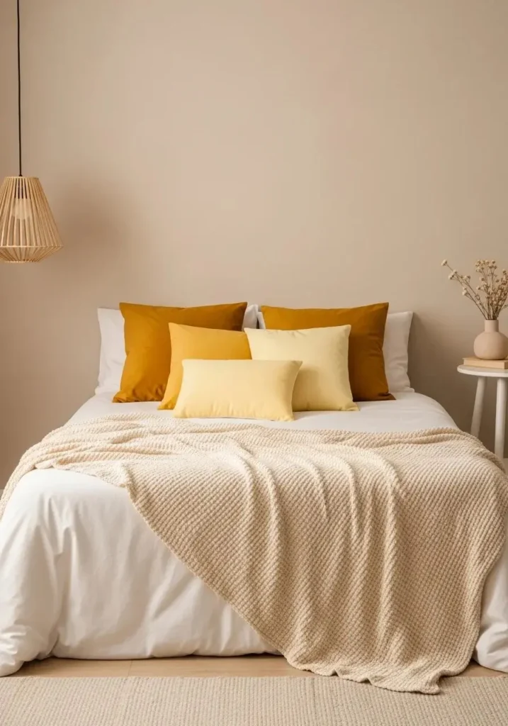 Neutral bedroom with yellow accent pillows adding a warm and cozy pop of color.