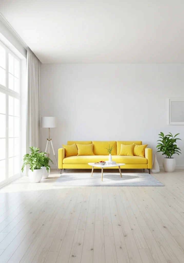 Yellow couch living room with white wall contrast in bright modern minimalist interior design