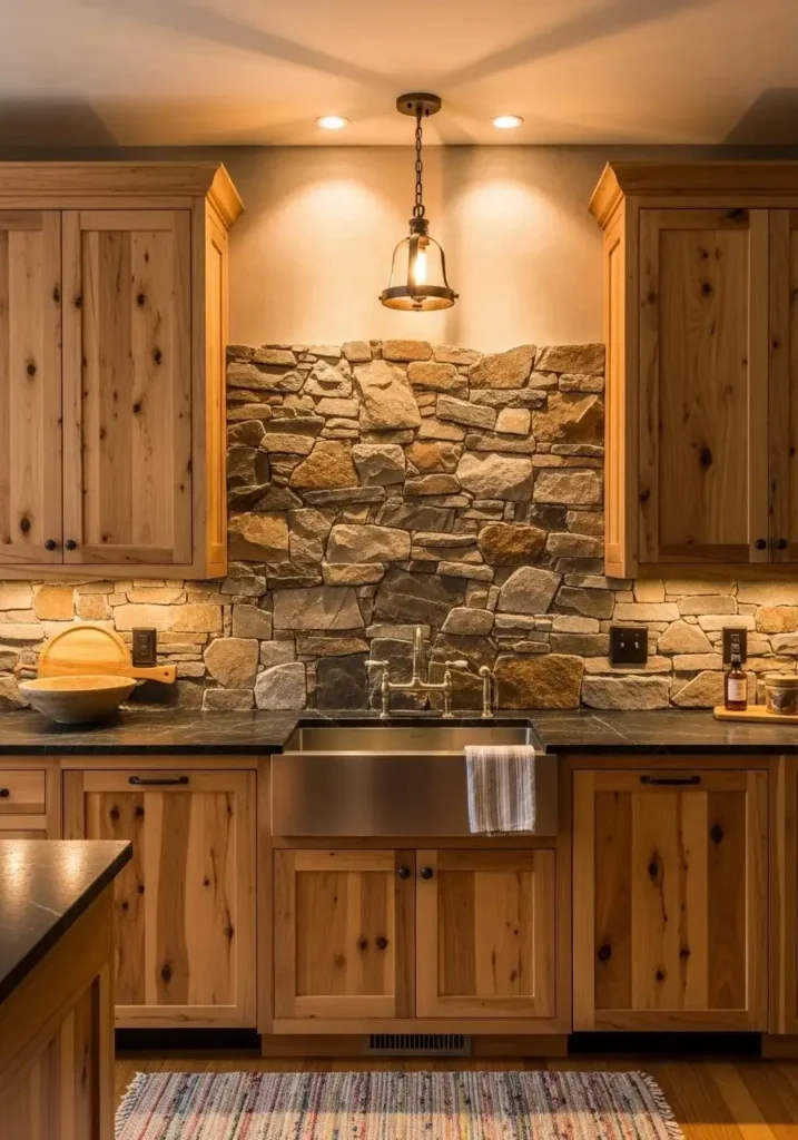 Hickory cabinets with stone backsplash creating an earthy and natural kitchen style