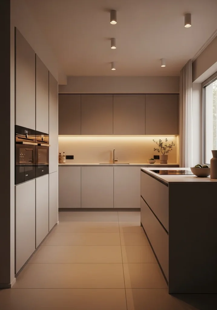 Kitchen with matte tile floor giving soft modern and non-reflective finish