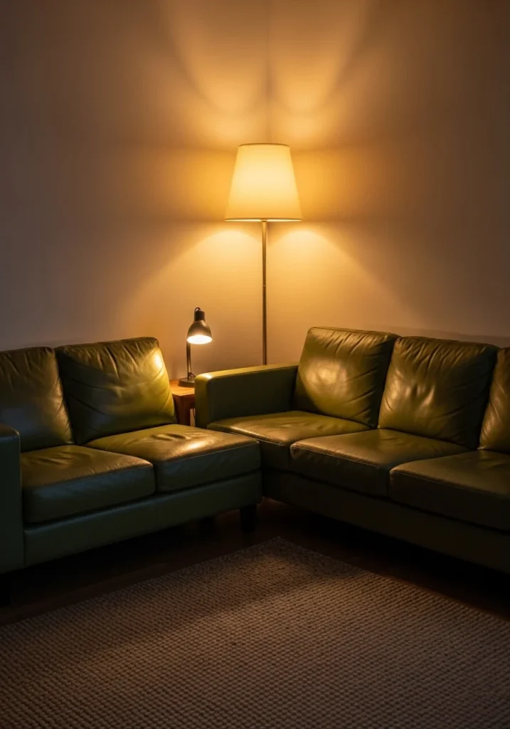 green leather couch cozy corner with warm ambient lighting