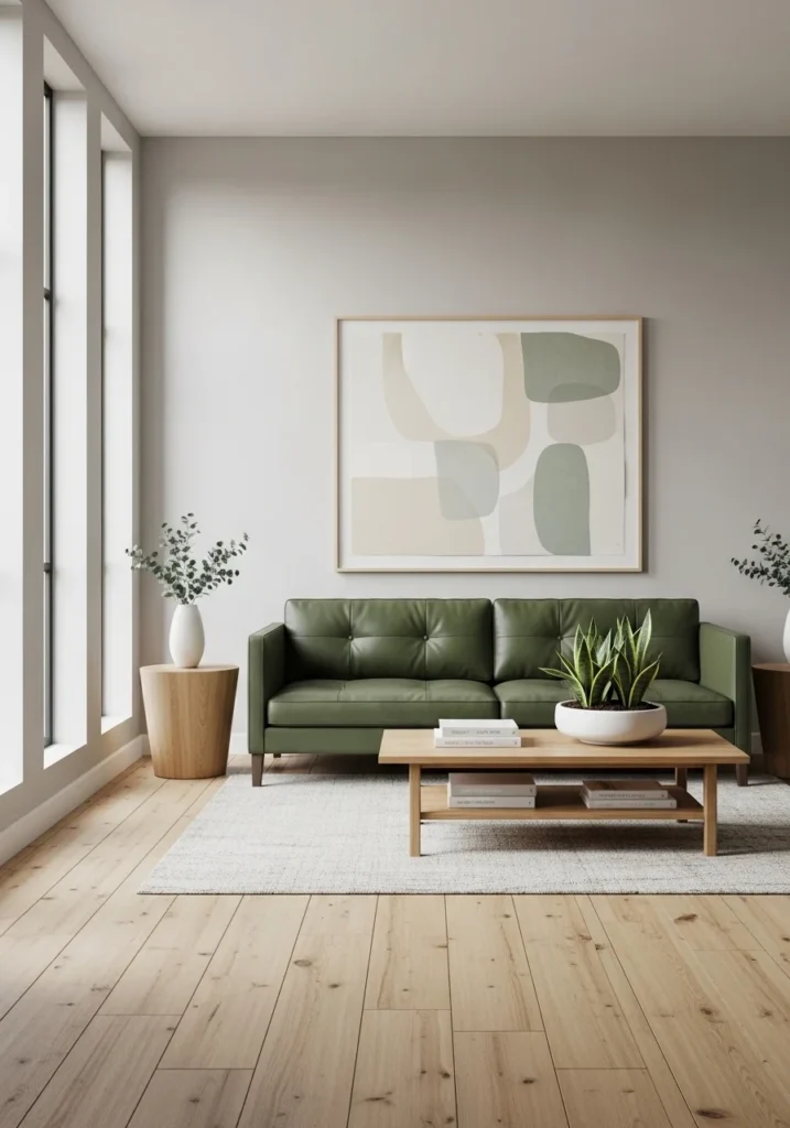 minimal green leather couch modern clean living room design