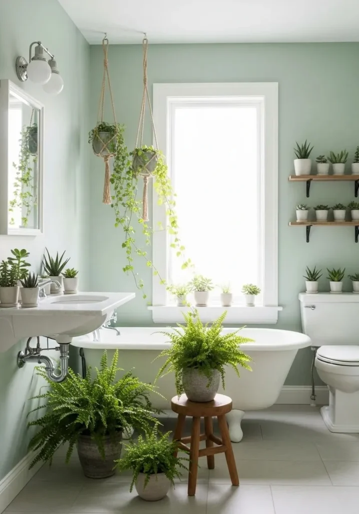 Bathroom decorated with green plants, adding texture and natural energy to the space.