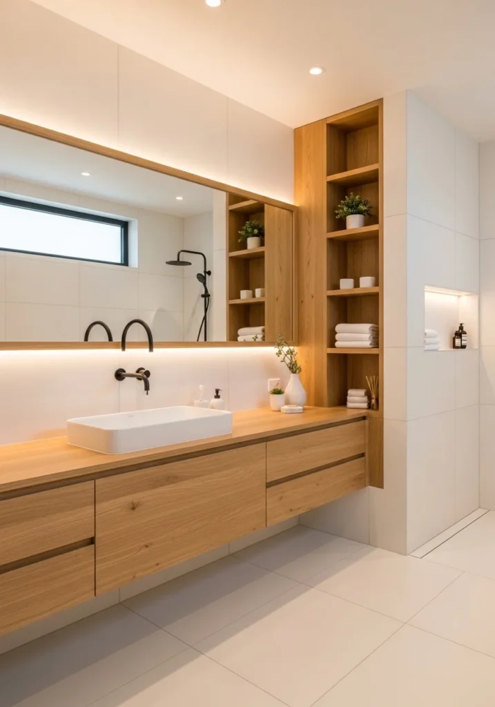 white bathroom with wood accents and warm tones creating a cozy balanced design