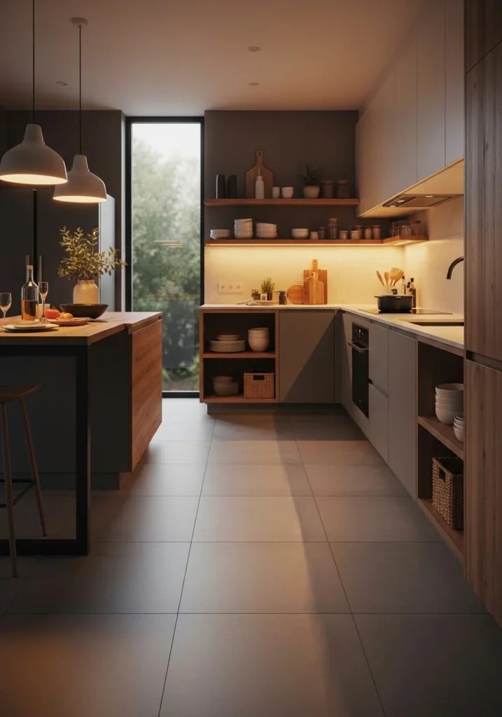 Kitchen with soft gray tile floor creating a calm and modern stylish look