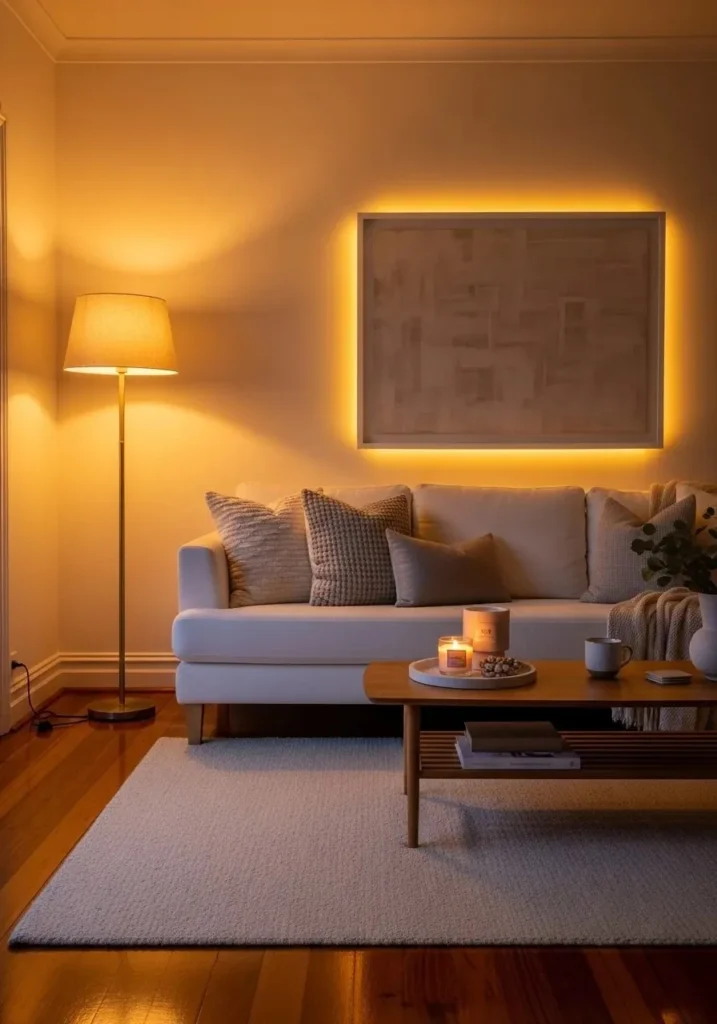 White couch living room with warm soft lighting and cozy evening atmosphere