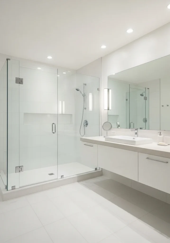 white bathroom with glass shower creating an open and airy look