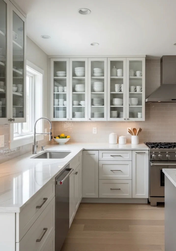 Galley kitchen with glass-front cabinets showcasing dishware while visually opening up the space