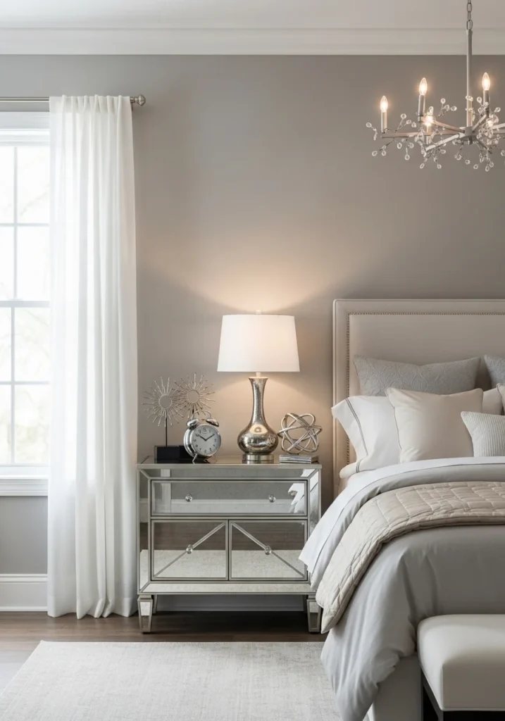 Metallic silver furniture adding shine and brightness to bedroom