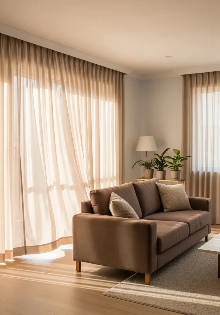 brown couch with soft curtains creating airy cozy living room