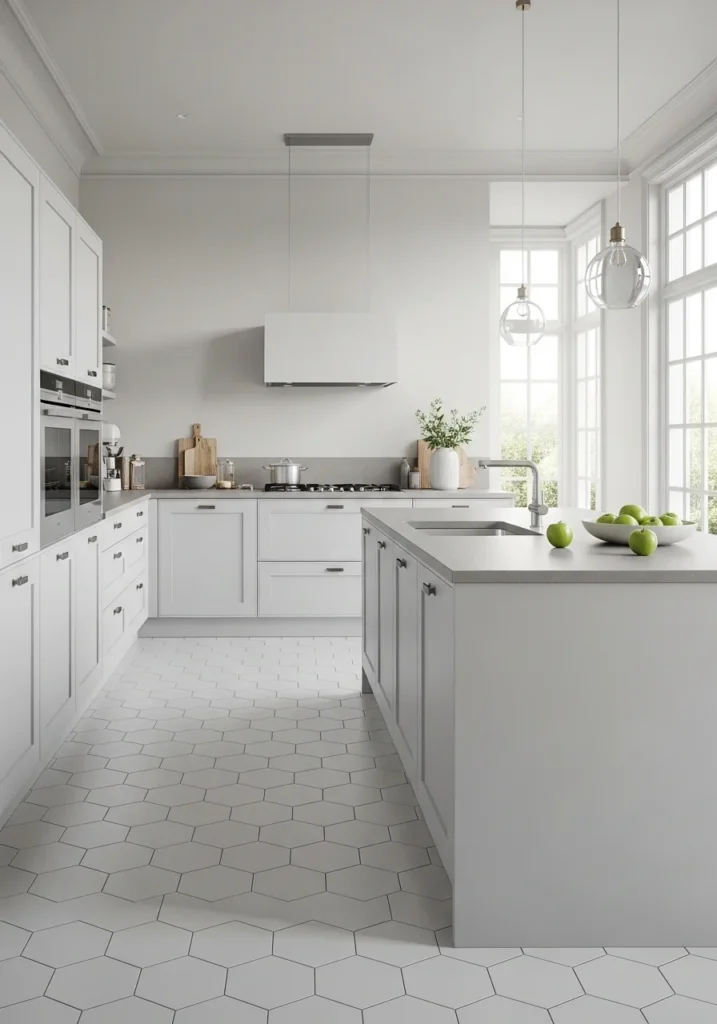 Kitchen with hexagon tile floor adding modern geometric style and visual texture