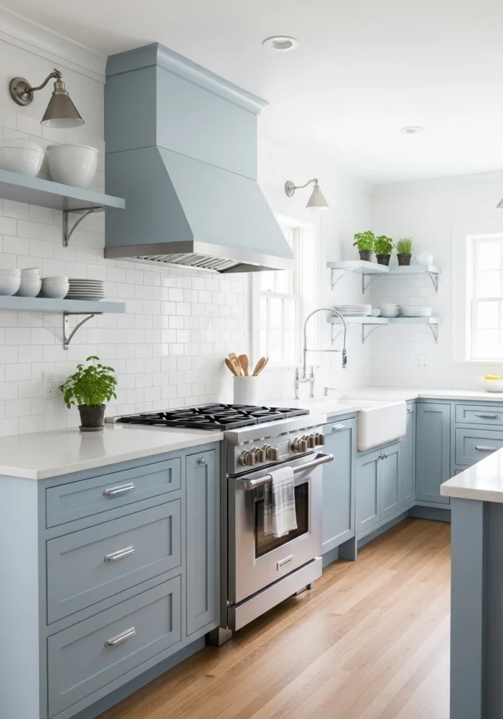 blue kitchen cabinets with white subway tile backsplash for a clean timeless look