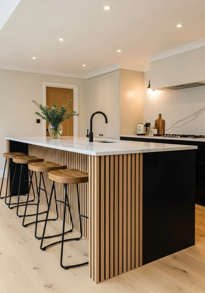 kitchen island black base wood slats modern design