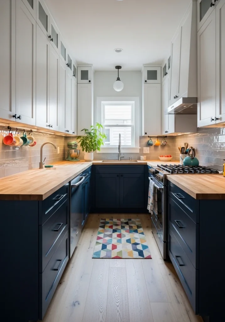 Galley kitchen with bold colored lower cabinets and neutral upper cabinets for contrast and style.