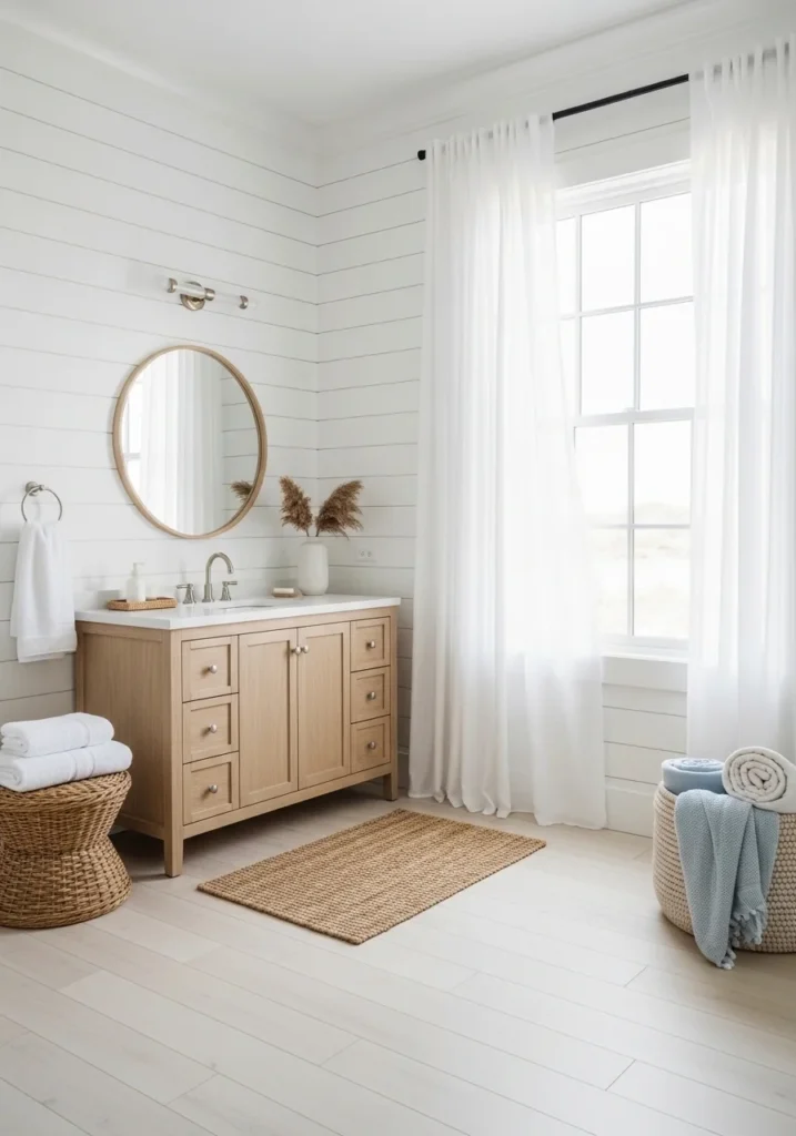 white shiplap bathroom walls creating a cozy coastal style look