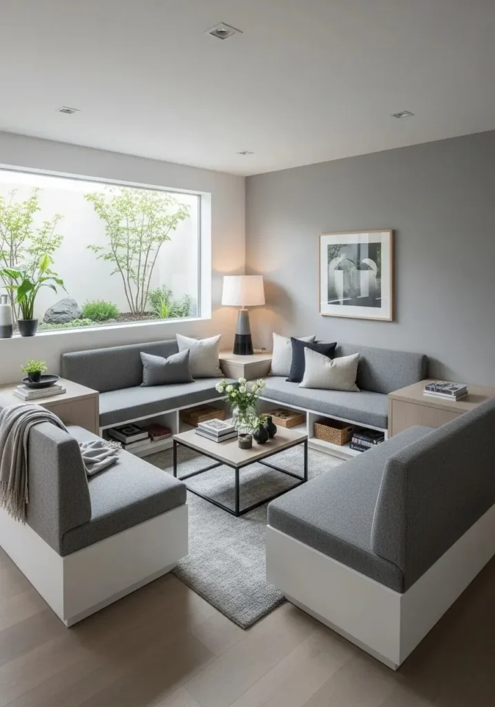 Sunken living room with built-in seating and seamless custom design.