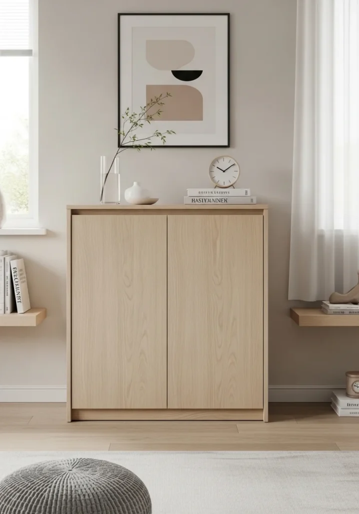 Closed cabinet hiding toys for a clean living room look.
