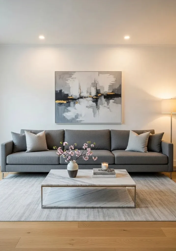 Grey couch living room with statement coffee table as modern focal point