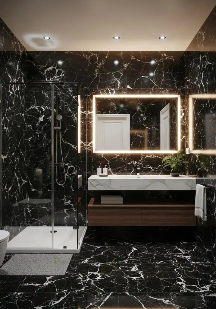 Black marble bathroom with white veining and luxury finish