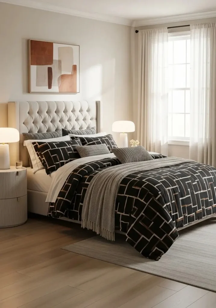 Black and brown patterned bedding creating a cohesive bedroom look