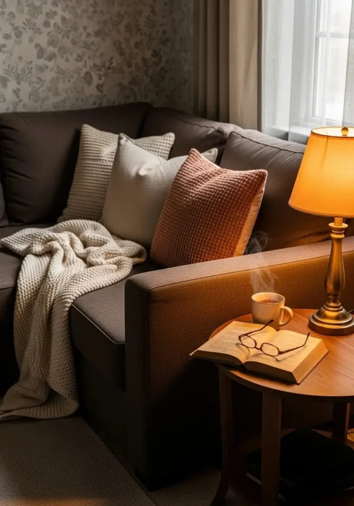 cozy brown couch corner setup with warm lighting and decor