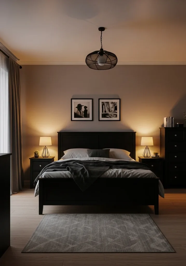 black furniture bedroom soft lighting cozy bedroom ideas warm glow