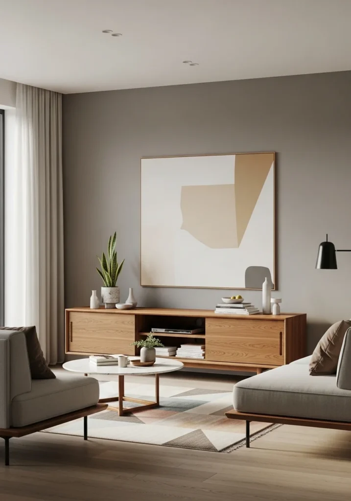 Sleek wooden TV console in a mid century modern living room