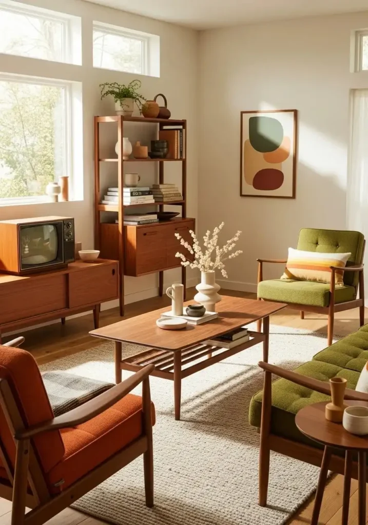 Mid century modern living room featuring warm wood furniture and natural tones