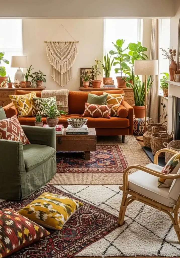 Mixing textures on furniture adds depth and tactile interest in a boho living room.