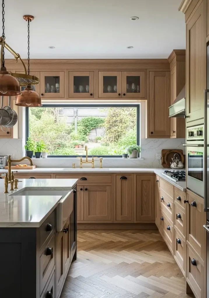 Hickory kitchen cabinets with mixed metal accents for a layered design