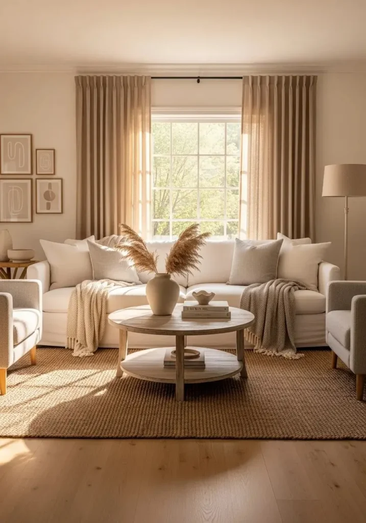White couch living room with soft linen cushions and natural cozy textures