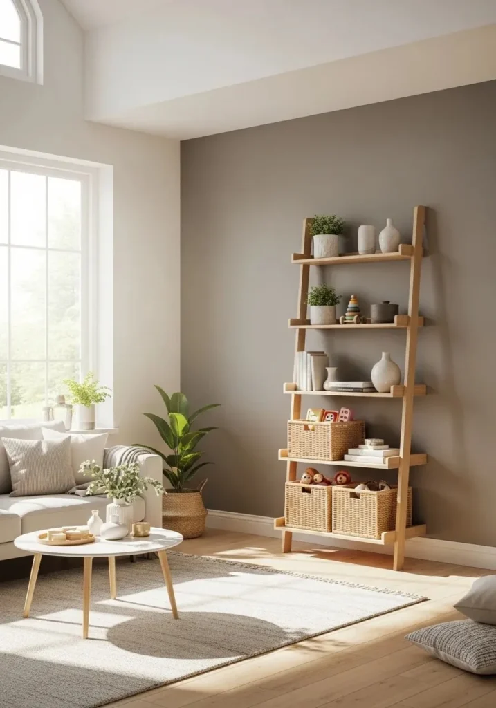 Ladder shelf with baskets used for light and stylish toy storage.