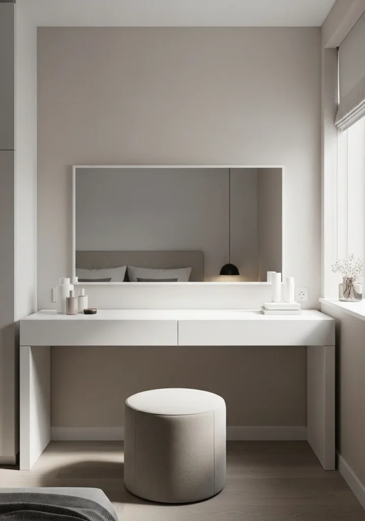 Minimalist white dressing table with clean lines and neutral decor