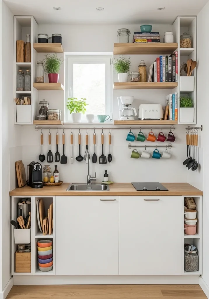 Apartment kitchen with vertical storage solutions using wall space for utensils and mugs