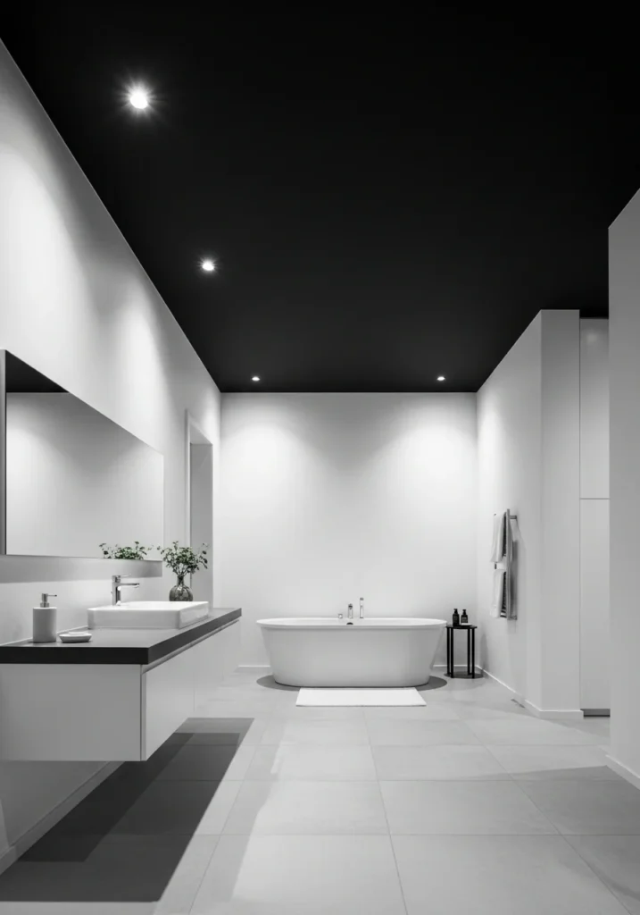 Bathroom with black ceiling and light walls for contrast