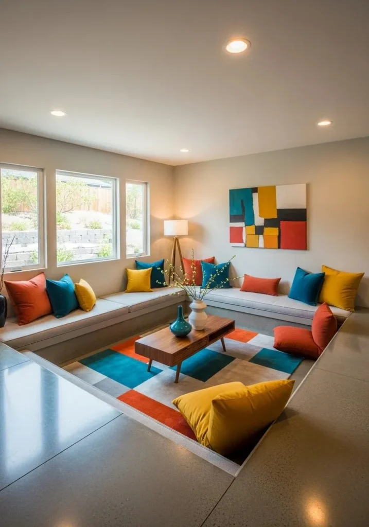 Sunken living room with bold accent colors and neutral surroundings.