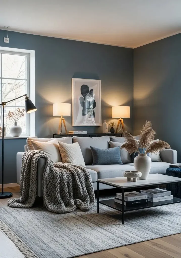 Living room with blue-gray walls and soft textures for a versatile design.