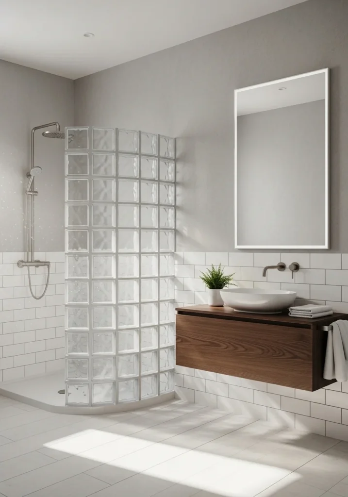 Glass block wall shower allowing light while maintaining privacy