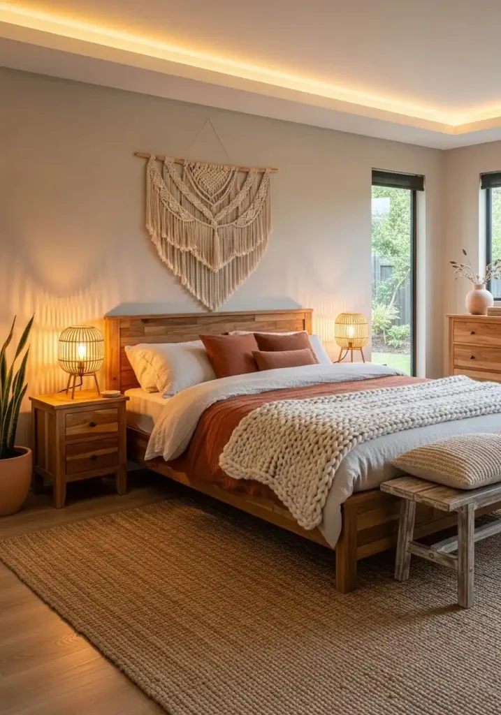 Bedroom with warm lighting and natural materials like wood and rattan for a cozy feel.