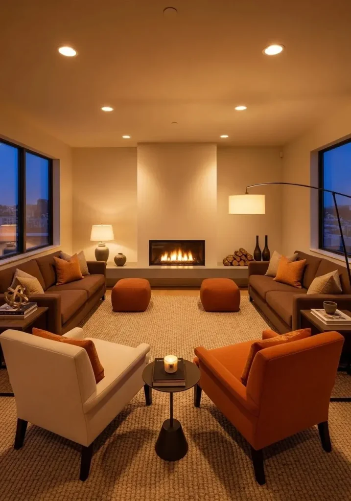 Sunken living room with a central fireplace and cozy seating arrangement.