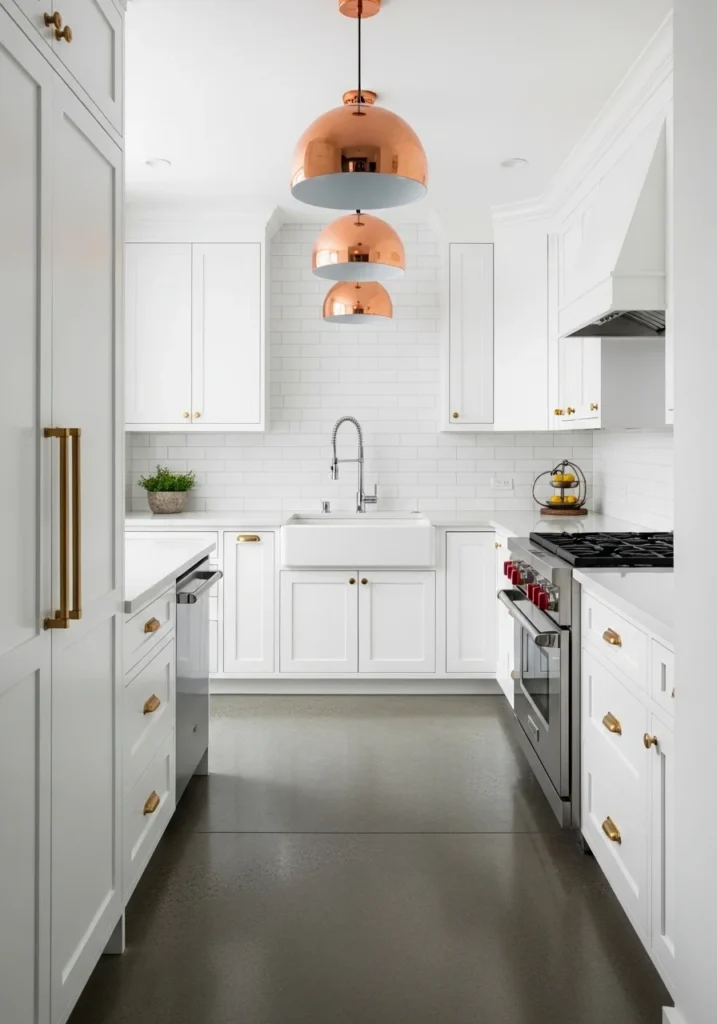 Galley kitchen with metallic accents including brass, copper, and chrome for subtle elegance