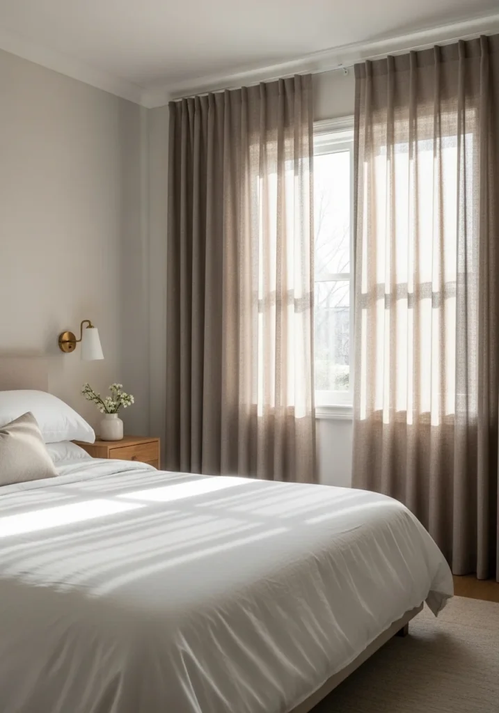 Flowing taupe curtains in a bright bedroom with soft natural light
